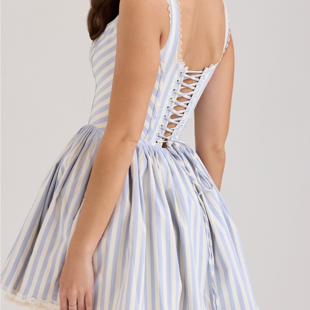 HOUSE OF CB ' Liesl Blue striped pintucked mini Dress NWOT  blue sz XS Tall long - Picture 16 of 16
